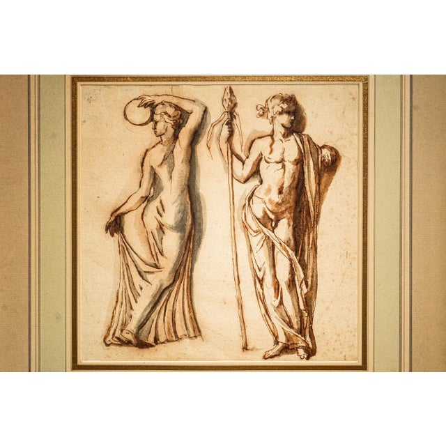 Grand Tour Mixed Medium Antique Framed Neoclassical Drawing Gouache Watercolor Classical Male Female Figures Art Grand Tour Style For Sale - Image 3 of 16