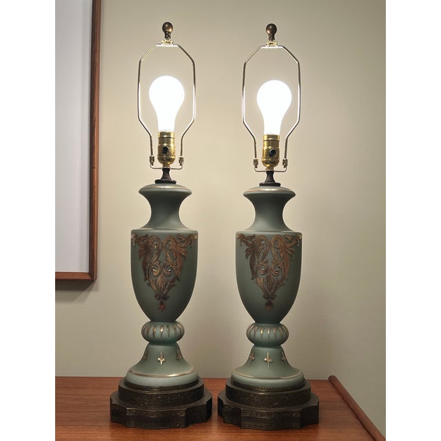 1930s Victorian Neoclassical Celadon Glass Table Lamps With Gold Accents and Detailed Filigree Ormolu Bases, a Pair For Sale - Image 9 of 11