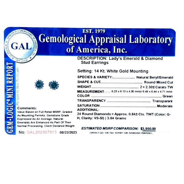 Metal Natural Emerald Diamond Stud Earrings 14k W Gold 3.14 TCW Certified For Sale - Image 7 of 7