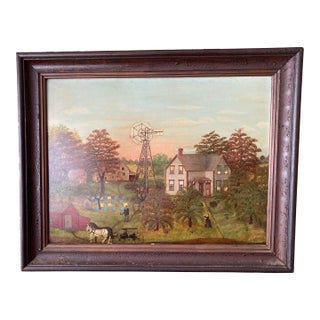 American School, 19th Century Farm Scene W/Halladay Standard Windmill Oil on Canvas Circa 1870 Windmill Inscribed Halladay Standard / Batavia,ILLS For Sale