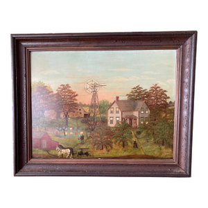American School, 19th Century Farm Scene W/Halladay Standard Windmill Oil on Canvas Circa 1870 Windmill Inscribed Halladay Standard / Batavia,ILLS
