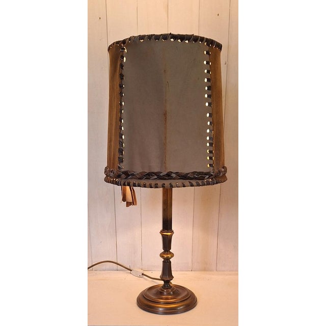Mid-Century Rustic Table Lamp with Brass Base and Handmade Leather Shade from Schröder & Co., 1960s, in Very Good...