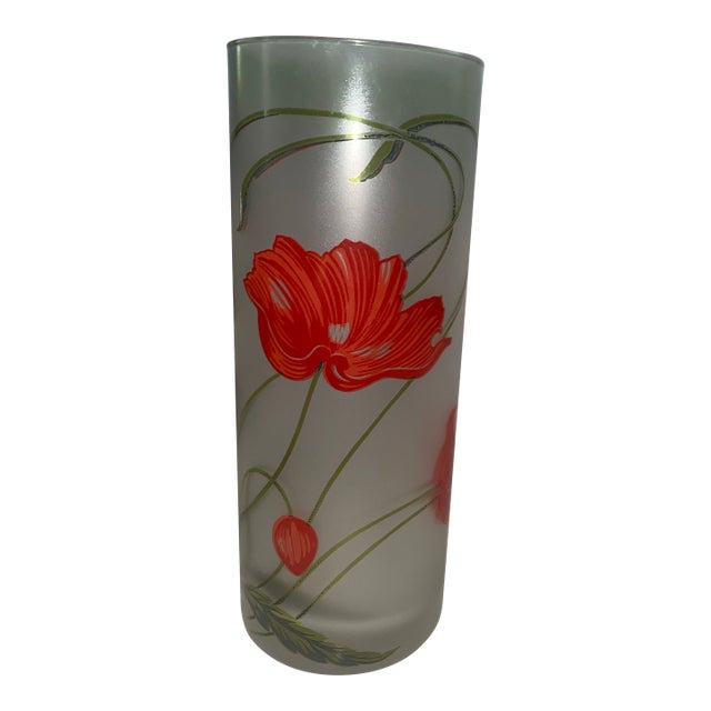 Art Style and Nouveau Vase . Large Early 20th Century Art Nouveau Green Cylinder Frosted Glass Vase With Floral Motif For Sale