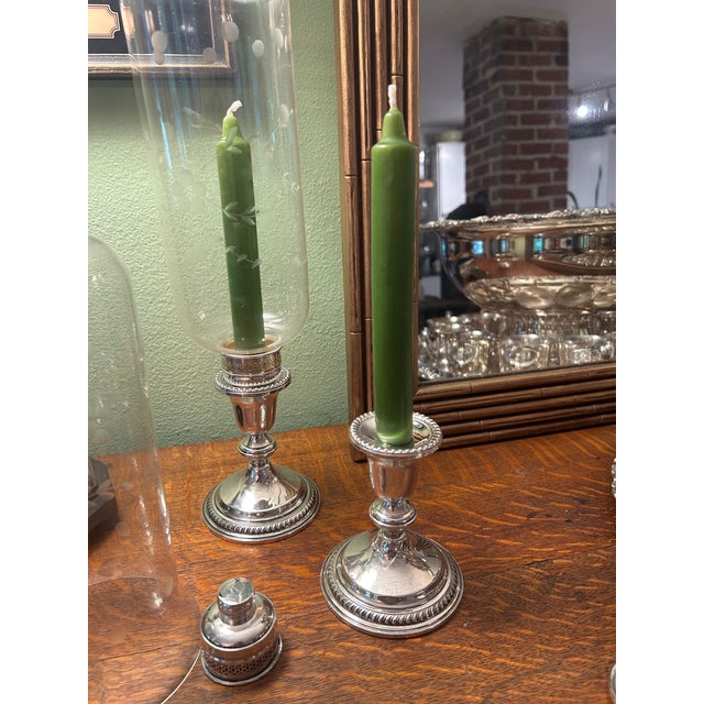 Metal 1960’s-1970’s Vintage Garden Silversmiths Sterling Silver Etched Glass Hurricane Candleholders - A Pair For Sale - Image 7 of 11