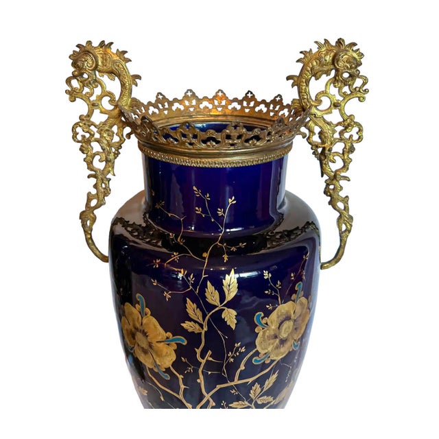 A Pair of Neoclassical Ormolu-Mounted Cobalt Porcelain Vases For Sale In West Palm - Image 6 of 12