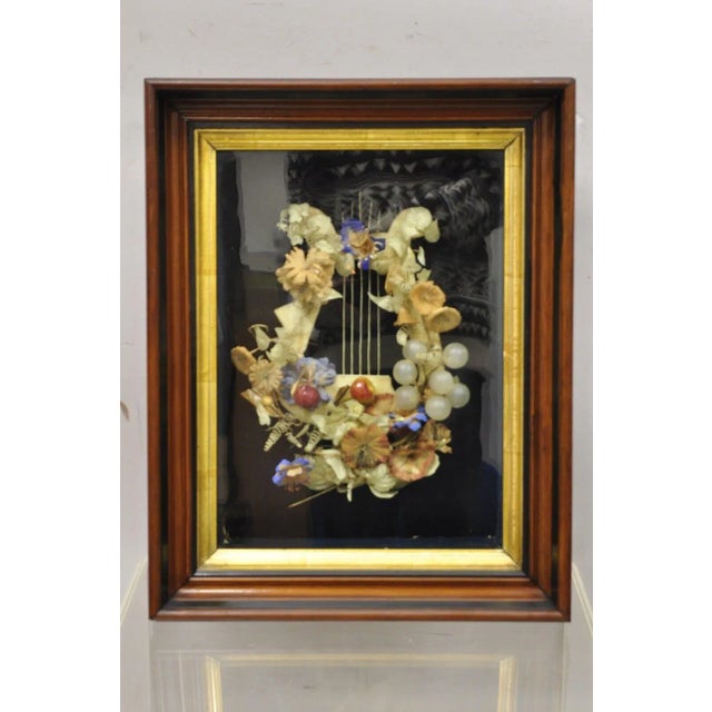 Antique Victorian Harp Design Flower Mourning Wreath Mahogany Shadow Box Frame For Sale - Image 11 of 12
