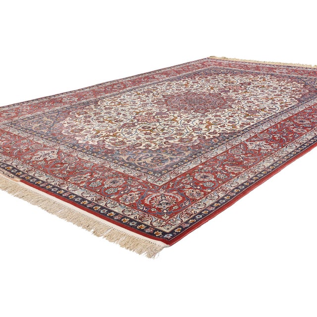 78780 Vintage Ivory Persian Seirafian Isfahan Rug, 06'09 x 10'06. The Courtly Garden: A Signed Persian Isfahan Masterpiece...