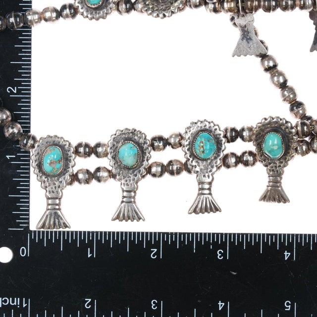 Metal 27" C1960's Native American Cast Silver and Turquoise Squash Blossom Necklace For Sale - Image 7 of 9