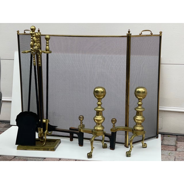 Brass Antique American Brass Fireplace Set -Screen, Andirons and Fireplace Tools Set For Sale - Image 8 of 11
