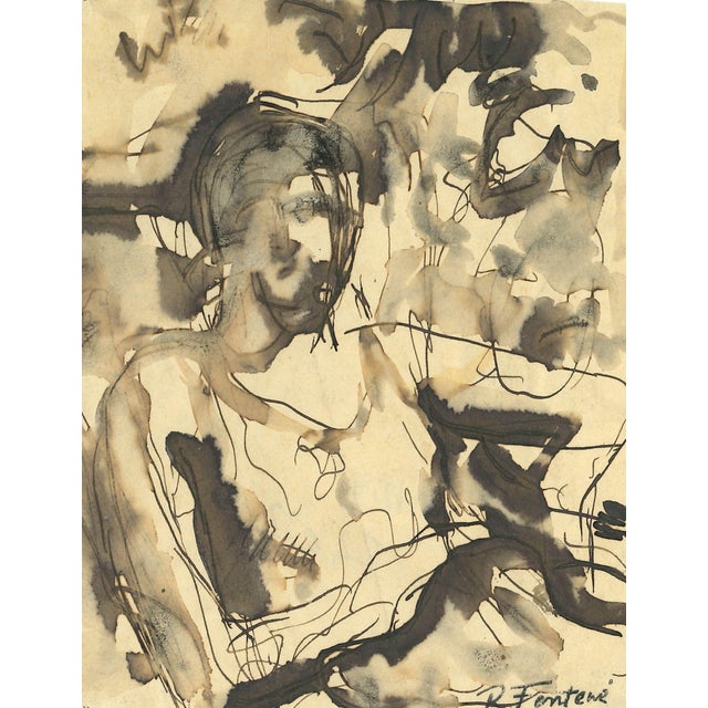Robert Fontene, The Seated Woman, Original Ink & Watercolor Drawing, Mid-20th Century For Sale