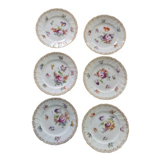 Six Antique Meissen 6" Porcelain Plates With Hand Painted Garden Flowers & Gilt Highlights For Sale