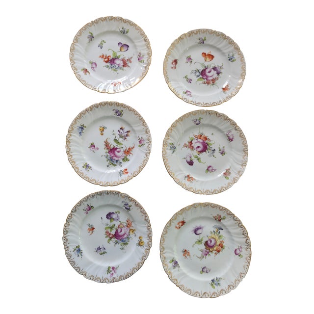 Six Antique Meissen 6" Porcelain Plates With Hand Painted Garden Flowers & Gilt Highlights For Sale