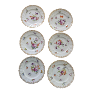 Six Antique Meissen 6" Porcelain Plates With Hand Painted Garden Flowers & Gilt Highlights