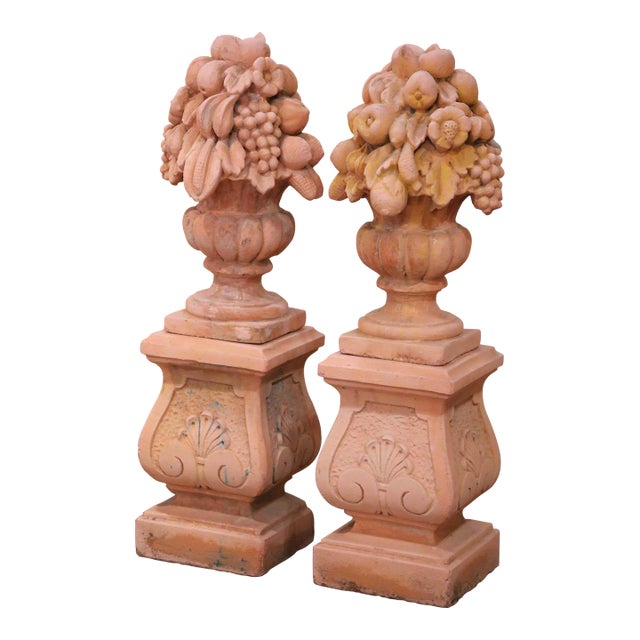 Pair of Mid-Century French Trompe L’Oeil Concrete Medicis Fruit Vases on Stand For Sale