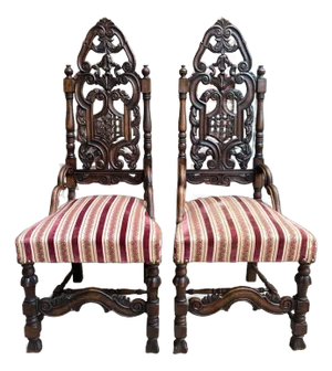 Pair Antique French Dining Chairs Renaissance Revival Open Carved Oak Set of 2
