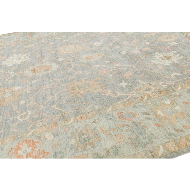 Modern 12x15 Hand-Knotted Modern Oushak Style Wool Area Rug – Muted Sage Floral Design For Sale - Image 3 of 10