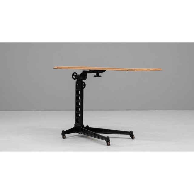 1920s French Cast Iron Folding Table With Wooden Top On Wheels For Sale - Image 4 of 12