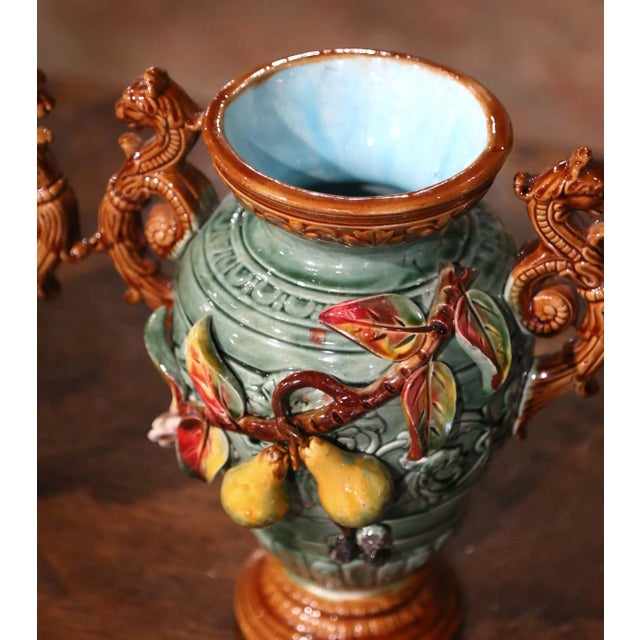 Ceramic Pair of 19th Century French Barbotine Majolica Vases With Pears For Sale - Image 7 of 11