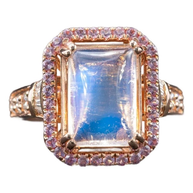 5.9Ct Rainbow Moonstone Ring With Diamond & Pink Sapphire Accents: 14k Gold Ring For Sale