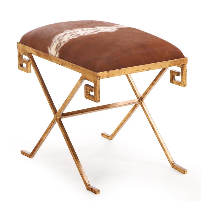 Mid-Century Modern Gilt Iron Bench Upholstered in New Cowhide. Contemporary. For Sale - Image 3 of 7