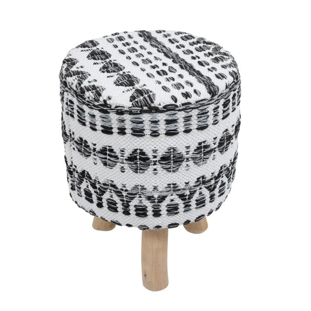 2020s Pasargad Home Grandcanyon Cotton With Wooden Legs Pouf Footstool, White/Black For Sale - Image 5 of 5