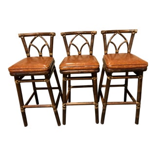 McGuire Bamboo And Leather Barstools - Set of 3 For Sale
