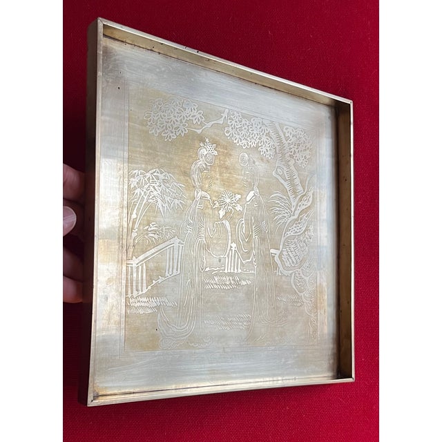 Antique Early 20th Century Japanese Meiji Period Square Brass Tray With Etched Court Scene For Sale - Image 12 of 17