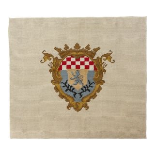 Vintage Hand Stitched Heraldic Crest Needlework Crowned Shield and Lion Embroidery Wall Art For Sale
