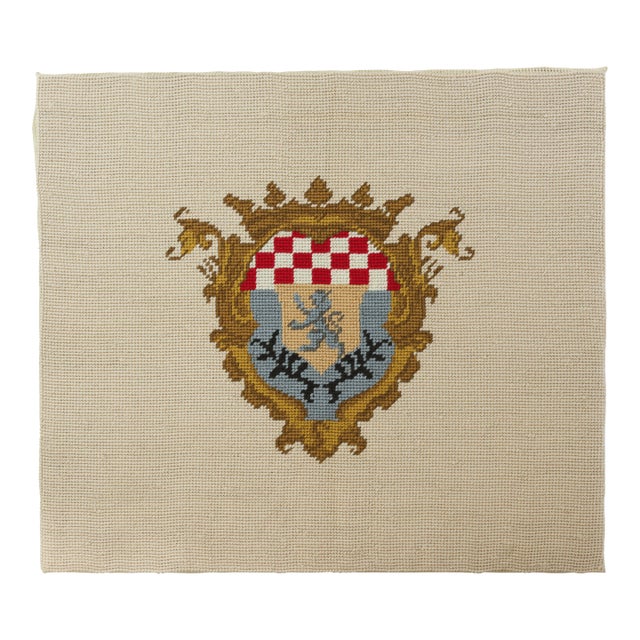 Vintage Heraldic Crest Needlework Crowned Shield and Lion Embroidery Wall Art For Sale