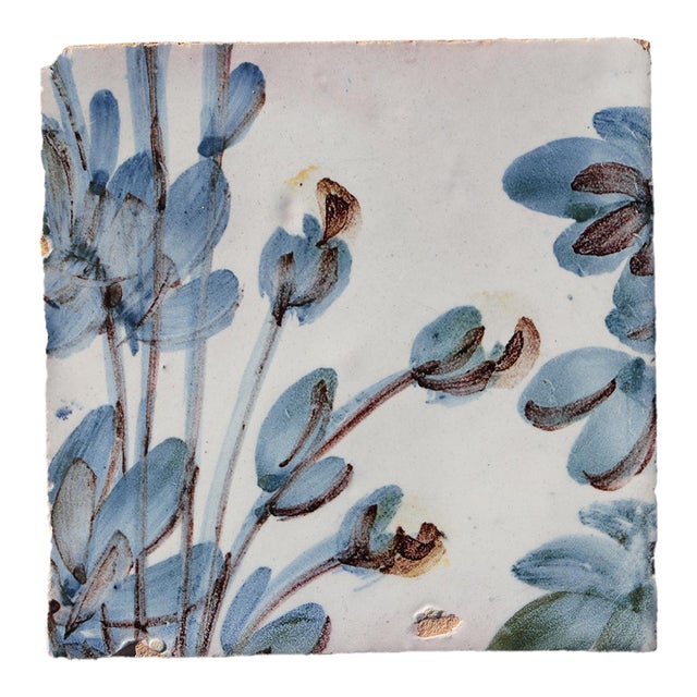 18th Century Portuguese Polychrome Tile Floral Botanical Design Antique Hand Painted For Sale