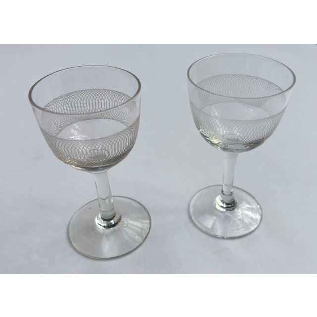 Clear Wheel-Etched Cordial Vintage Glasses - A Pair For Sale - Image 14 of 14