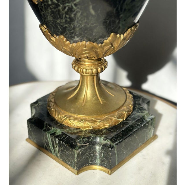 19th Century Pair of French 19th Century Green Marble and Bronze Vases/Urns For Sale - Image 5 of 5