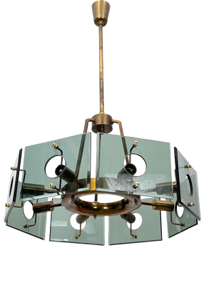 Modernist Brass and Smoked Glass Ceiling Light by Gino Paroldo, Italy, 1960s