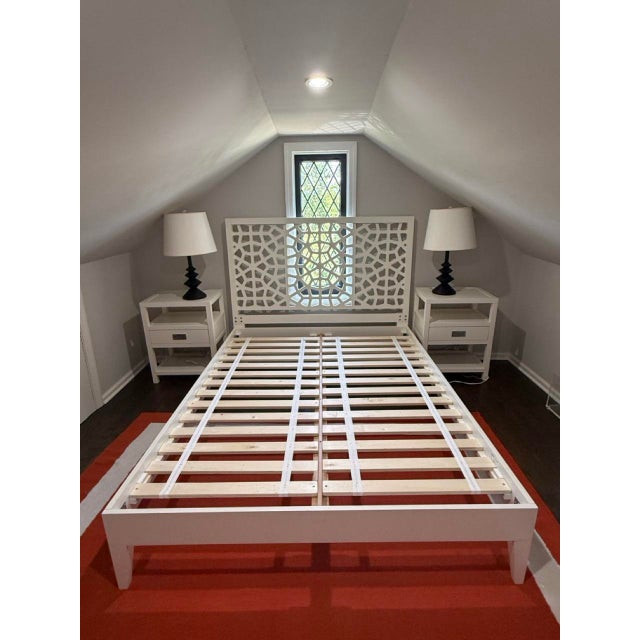 Queen size Moroccan lattice Headboard. West Elm Low Bedframe, White Lacquer, Queen Size. The laser-cut motif on Morocco...