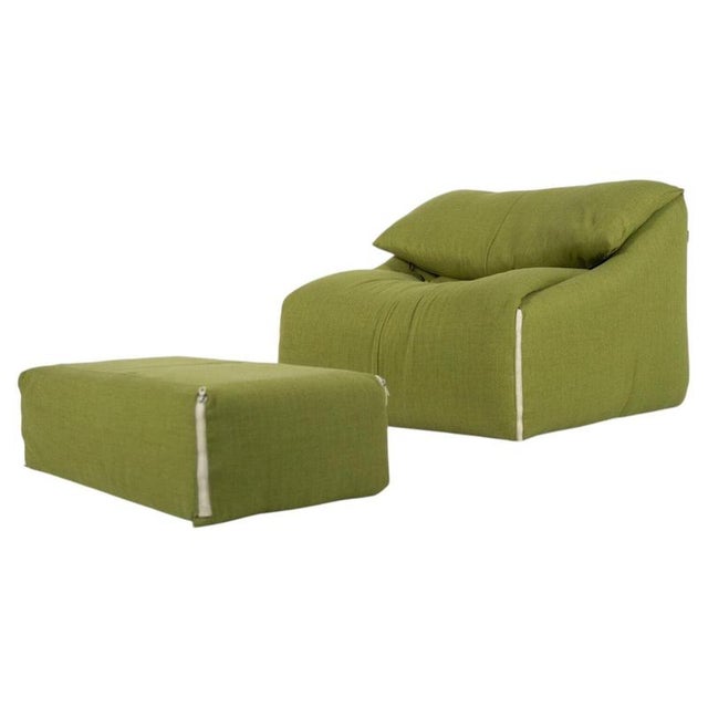 Textile Set of Green Plumy Lounge Chair and Ottoman attributed to Annie Hiéronimus for Cinna, 1980s For Sale - Image 7 of 7