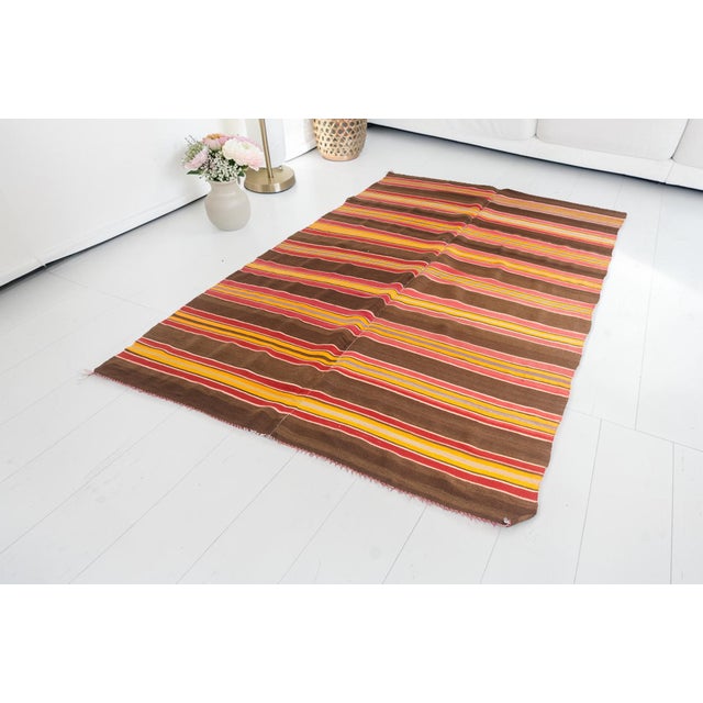 Turkish Mid 20th Century Handwoven Striped Boho Area Rug For Sale - Image 3 of 10
