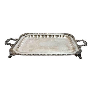 Vintage Mid 20th Century Baroque Style Silver Plate Serving Tray With Handles and Feet For Sale