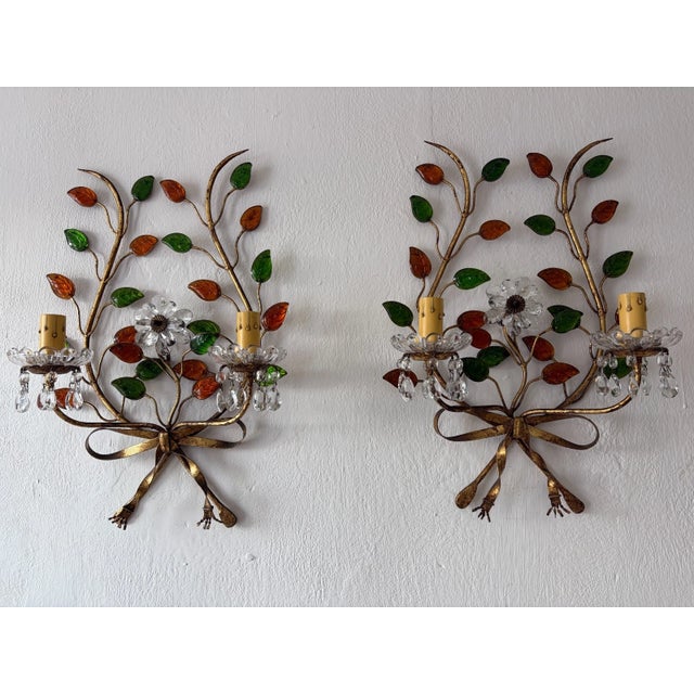 French French Maison Baguès Style Colored Leaves Floral Crystal Prisms Bows Sconces For Sale - Image 3 of 9