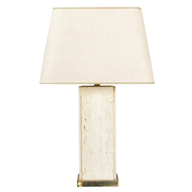 Large French Mid-Century Rectangular Travertine Table Lamp With Brass Base, 1960s For Sale - Image 11 of 12