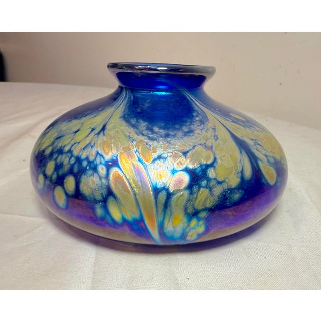 Vintage Hand Blown Kent Fiske Blue Iridescent Art Glass Splatter Vase Sculpture For Sale In New York - Image 6 of 14