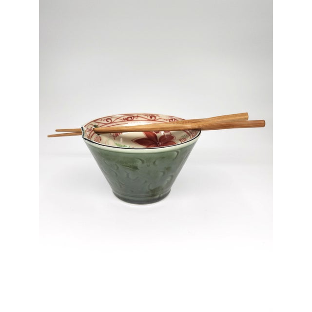 Ceramic Set of Six Hand-Painted Assorted Floral & Artisan Motif Bat Trang Ceramic Bowls For Sale - Image 7 of 15