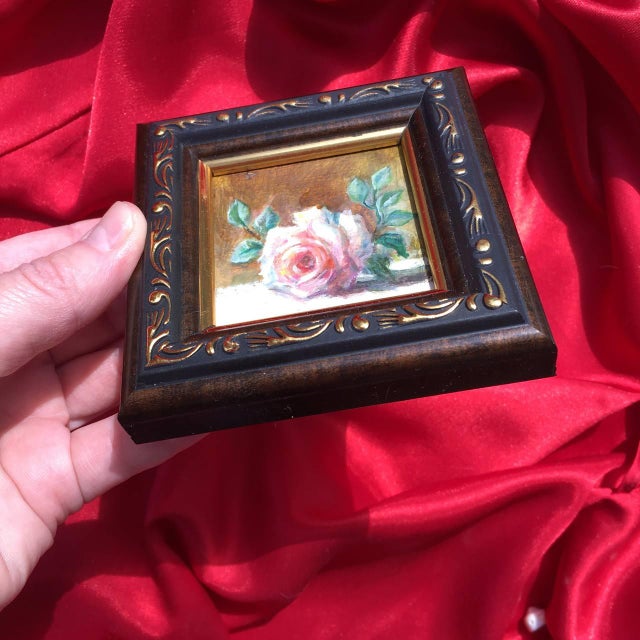 Set of 3 Miniature Rose Oil Paintings Vintage Frames Tiny Floral Wall Art Roses For Sale - Image 6 of 14