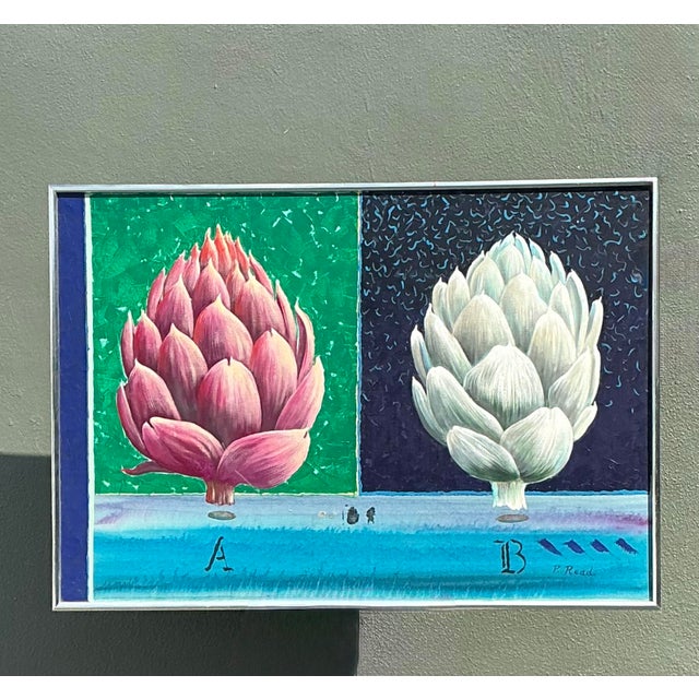 This captivating large-scale original oil painting by artist Peter Read presents a stylized botanical study of two...