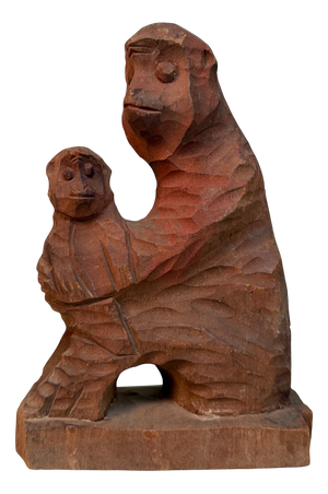 Japanese Saru Mingei Monkey with Young Figure in Wood, 1940s