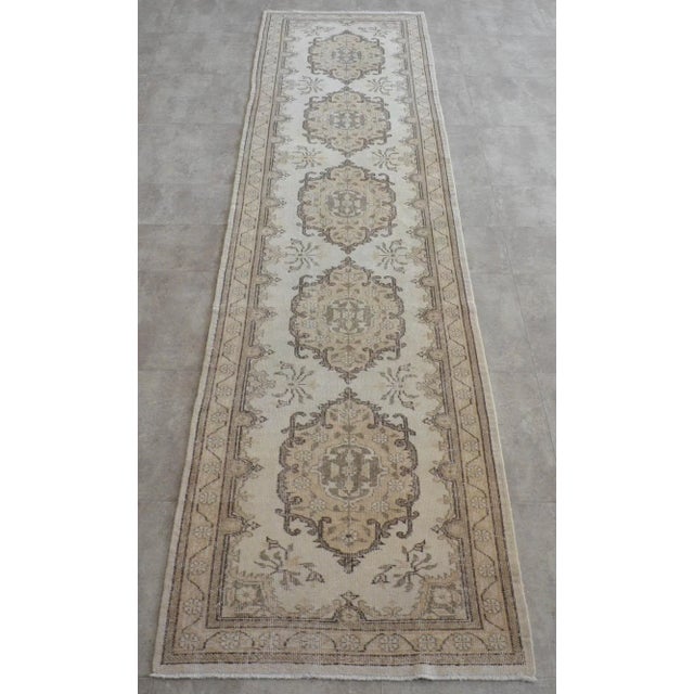 Traditional Oushak Runner Rug Faded Colors Low Pile Distressed Long Runner Rug - 2'9″ X 12'7″ For Sale - Image 10 of 10