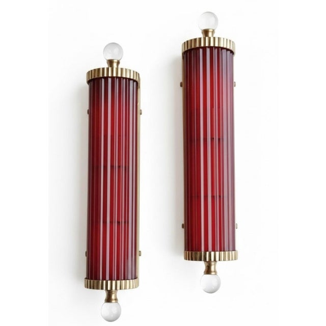 Pair Skyscraper Vintage Art deco light Old Lamp Wall Sconces Fixture Brass & Red Glass Rod Ship Light Excellent Working...
