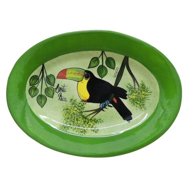 Green 2000s Oval Hand-Painted Decorative Dish Depicting a Tucan For Sale - Image 8 of 9
