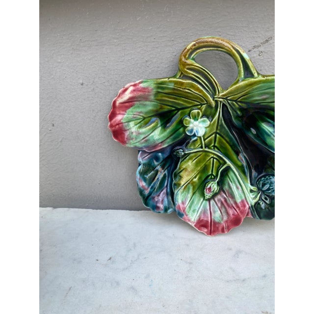 French Majolica Dish Strawberry Leaf , circa 1890.