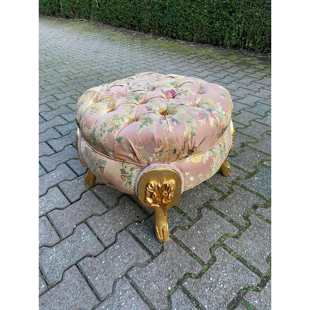 A refined late 20th-century Louis XVI-style bench, beautifully handcrafted with a carved gilded beechwood frame and newly...