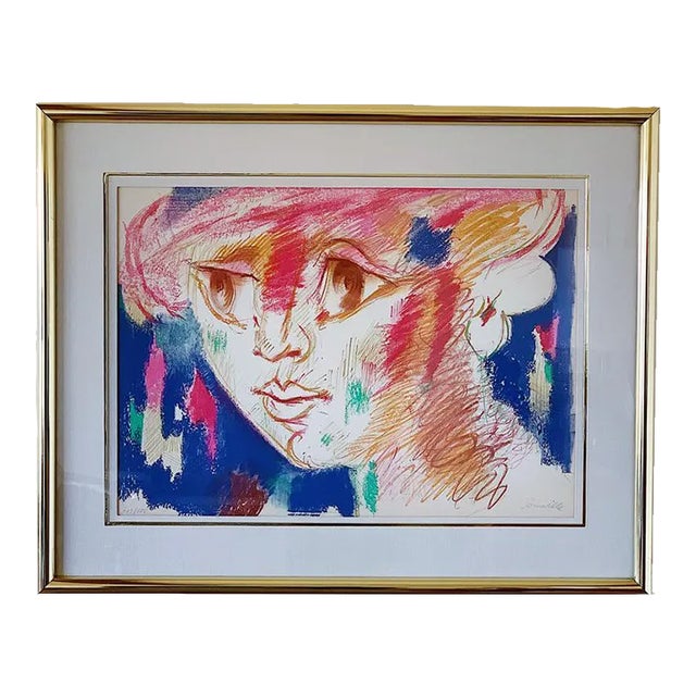 1980s "Portrait of a Woman in Bohemian Colors" Expressionist Figurative Print by Roger Somville, Framed For Sale